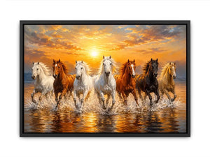 Horses running through ocean surf canvas art for statement decor.