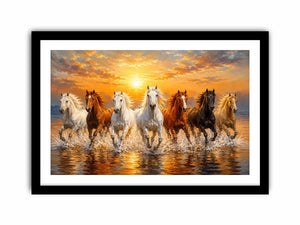 Horses running through ocean surf canvas art for statement decor.