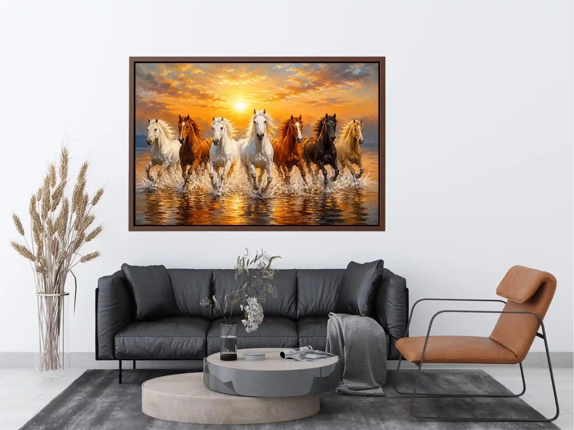 Horses running through ocean surf canvas art for statement decor.