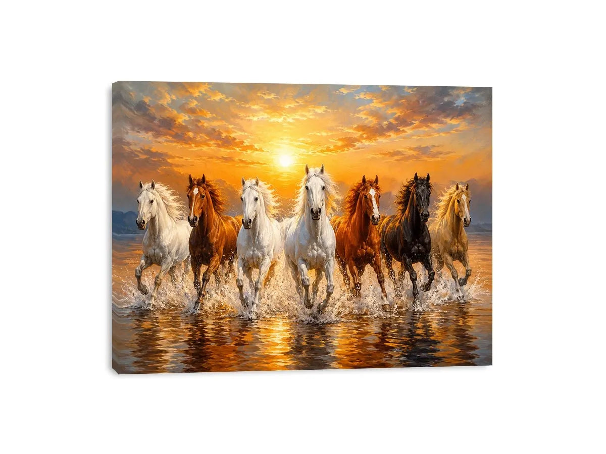 Horses running through ocean surf canvas art for statement decor.