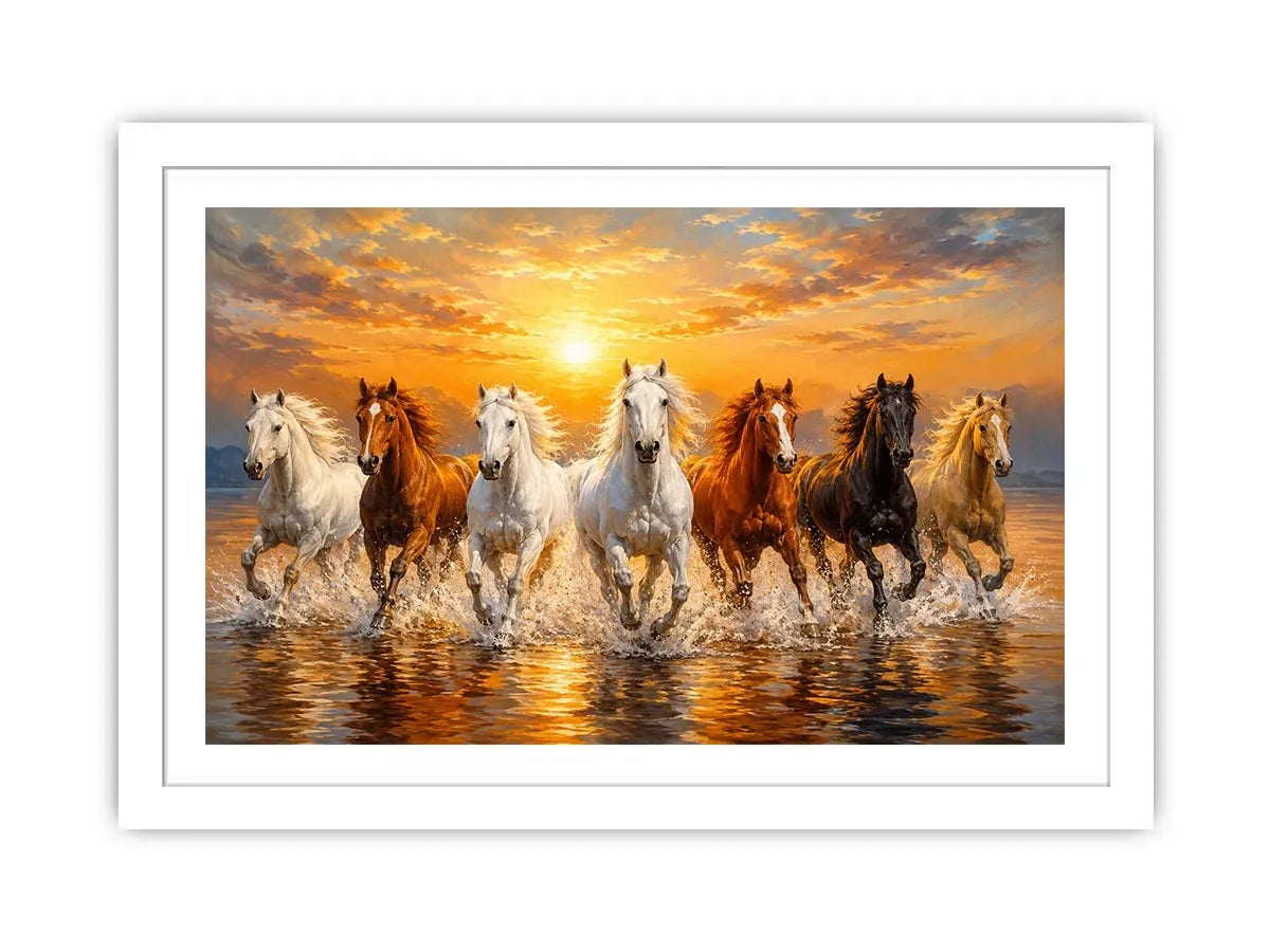 Horses running through ocean surf canvas art for statement decor.
