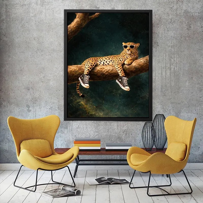 Funny leopard canvas art with sunglasses for bold modern decor.
