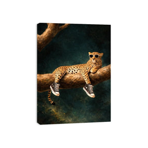 Funny leopard canvas art with sunglasses for bold modern decor.