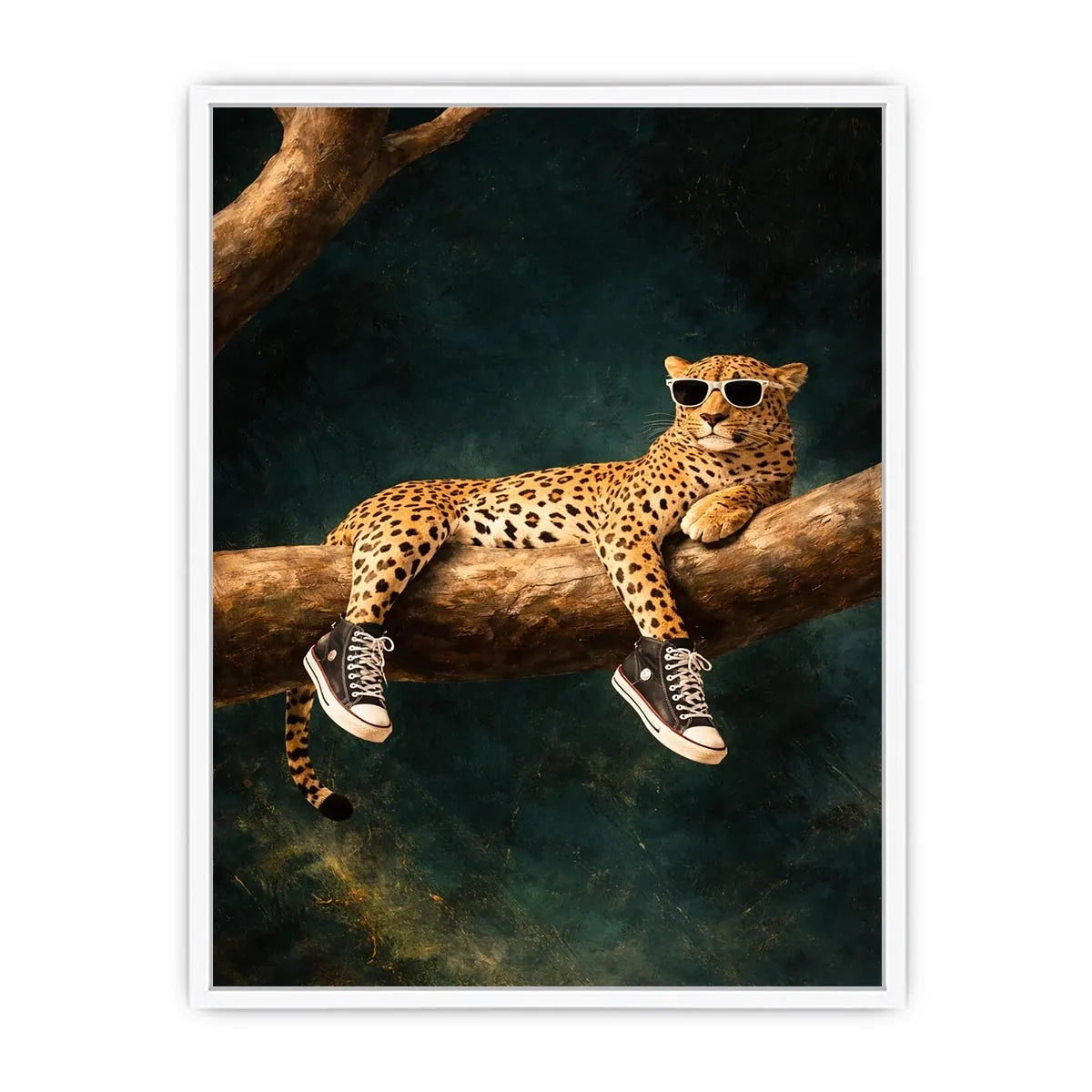 Funny leopard canvas art with sunglasses for bold modern decor.