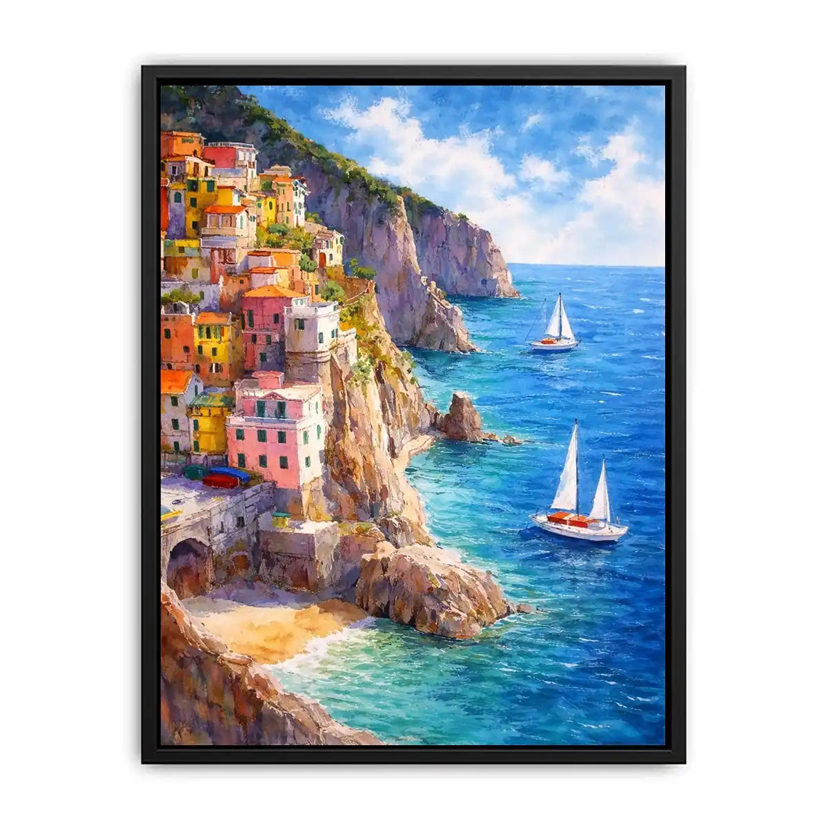 Mediterranean cliffside village canvas art for coastal living room decor.