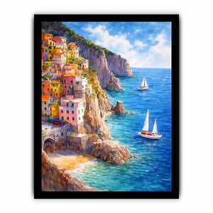 Mediterranean cliffside village canvas art for coastal living room decor.