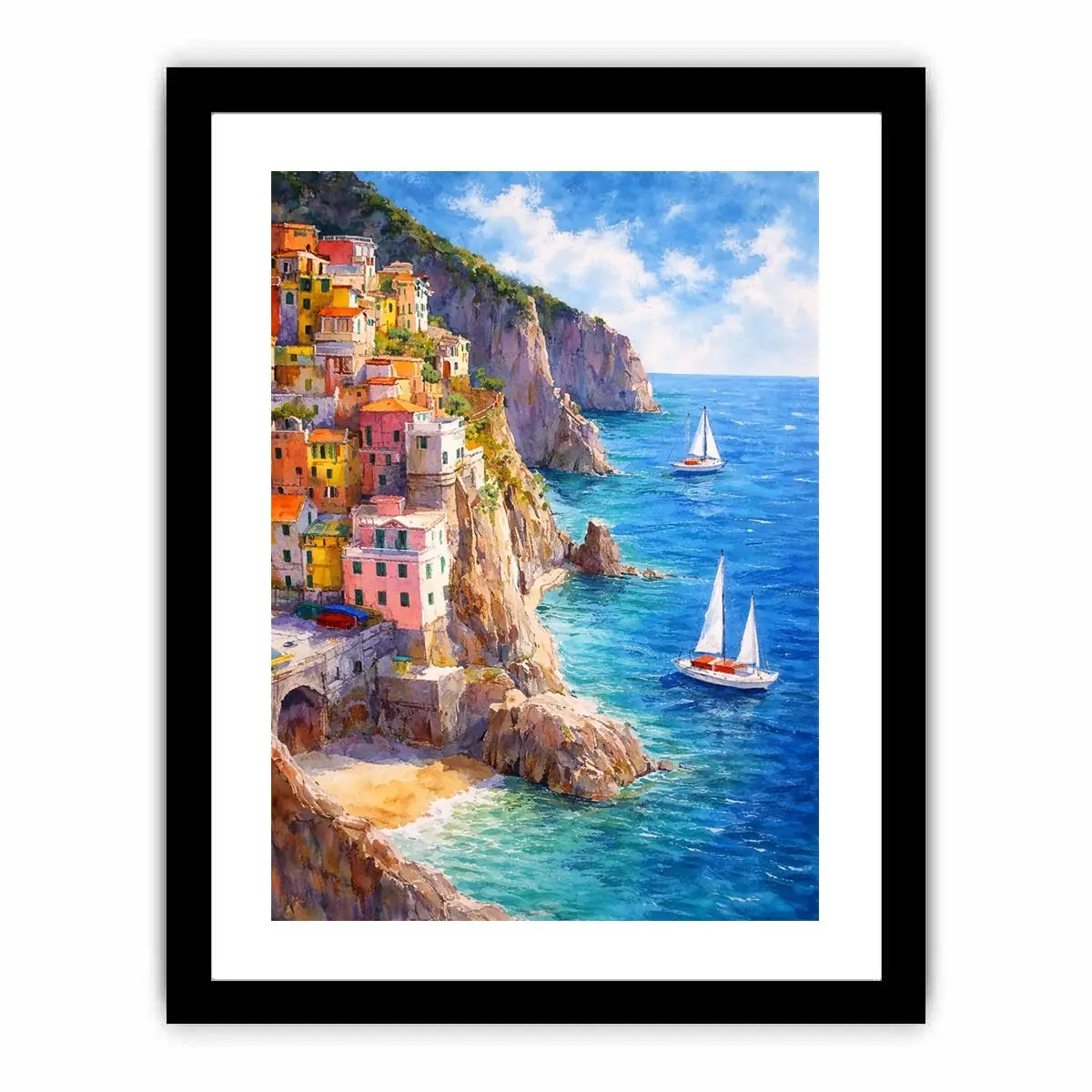 Mediterranean cliffside village canvas art for coastal living room decor.