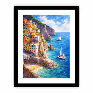 Mediterranean cliffside village canvas art for coastal living room decor.