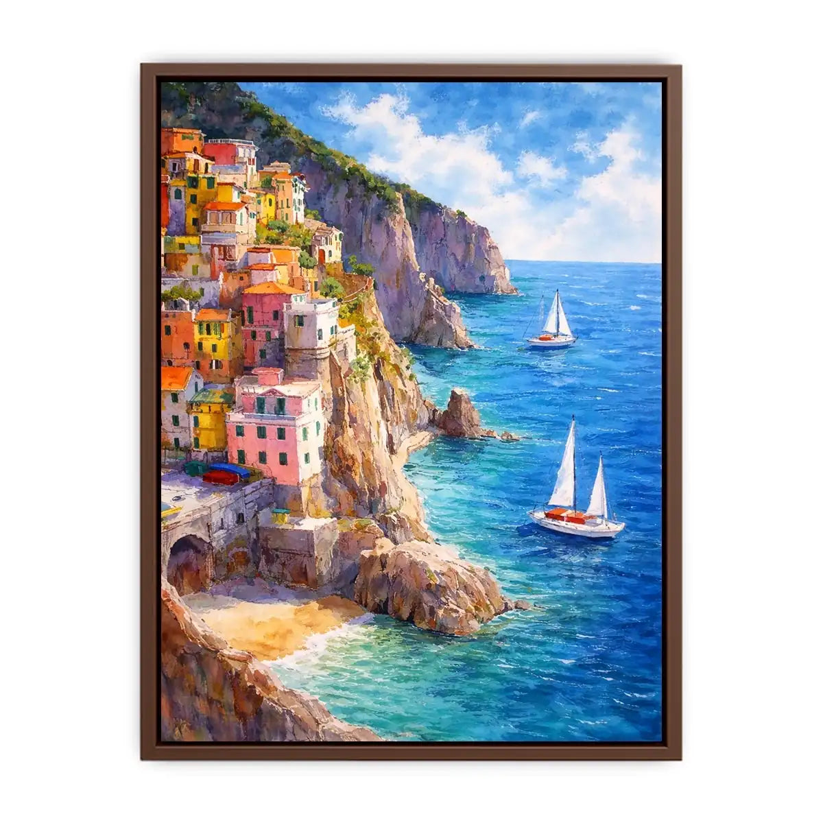 Mediterranean cliffside village canvas art for coastal living room decor.
