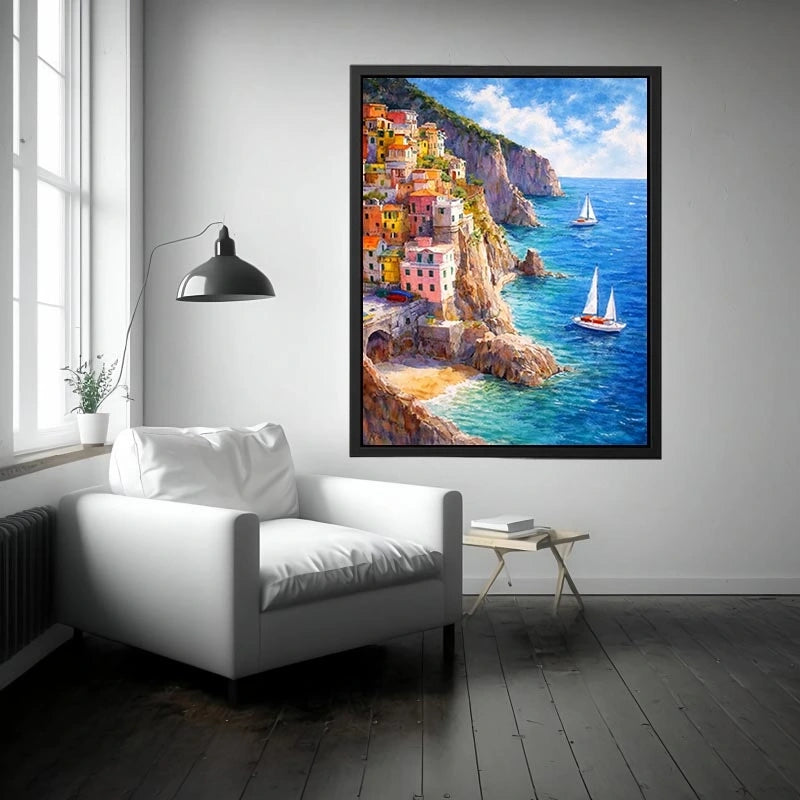 Mediterranean cliffside village canvas art for coastal living room decor.