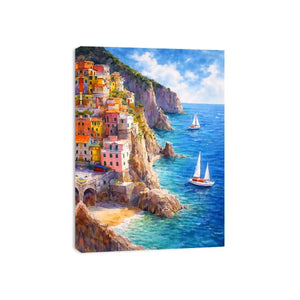 Mediterranean cliffside village canvas art for coastal living room decor.