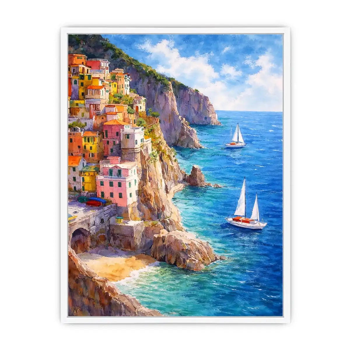 Mediterranean cliffside village canvas art for coastal living room decor.