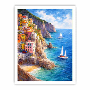 Mediterranean cliffside village canvas art for coastal living room decor.