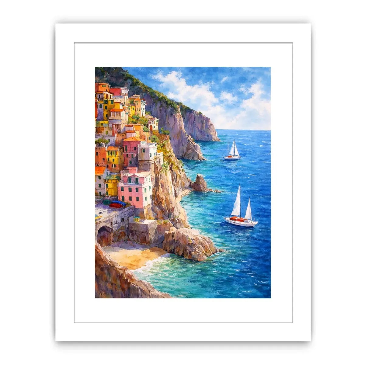 Mediterranean cliffside village canvas art for coastal living room decor.