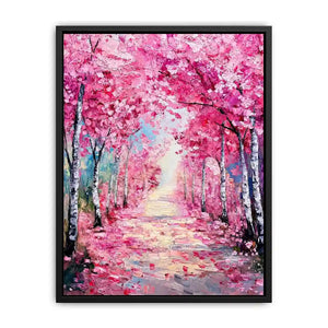 Pink blossom pathway canvas art in impressionist style for elegant bedroom decor.