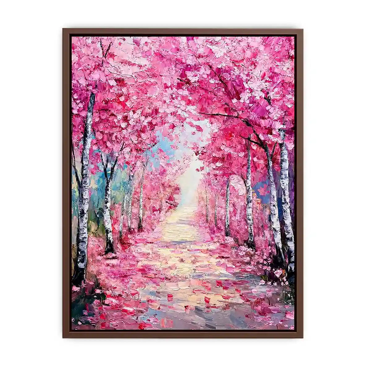 Pink blossom pathway canvas art in impressionist style for elegant bedroom decor.