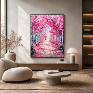 Pink blossom pathway canvas art in impressionist style for elegant bedroom decor.