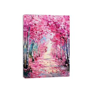 Pink blossom pathway canvas art in impressionist style for elegant bedroom decor.