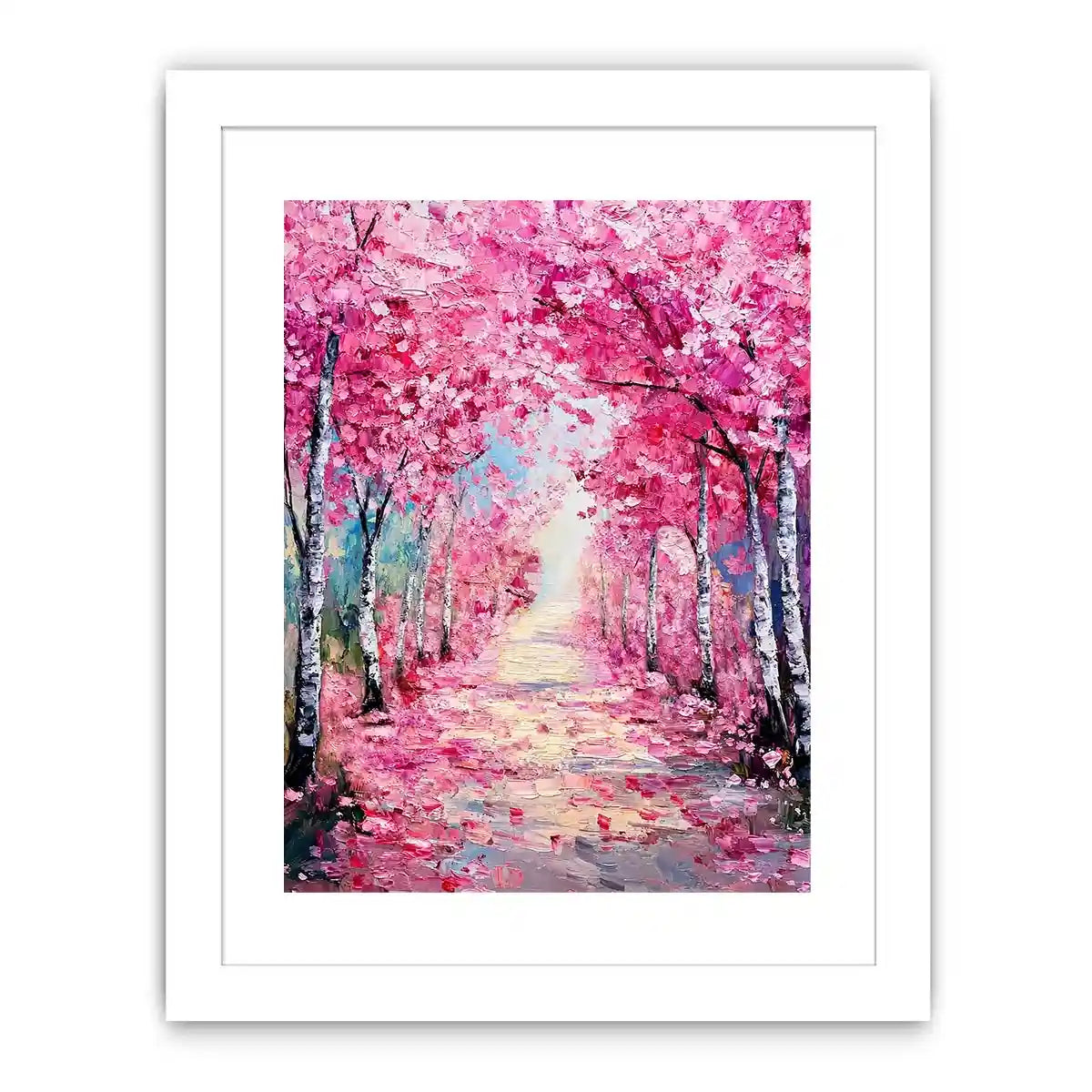 Pink blossom pathway canvas art in impressionist style for elegant bedroom decor.
