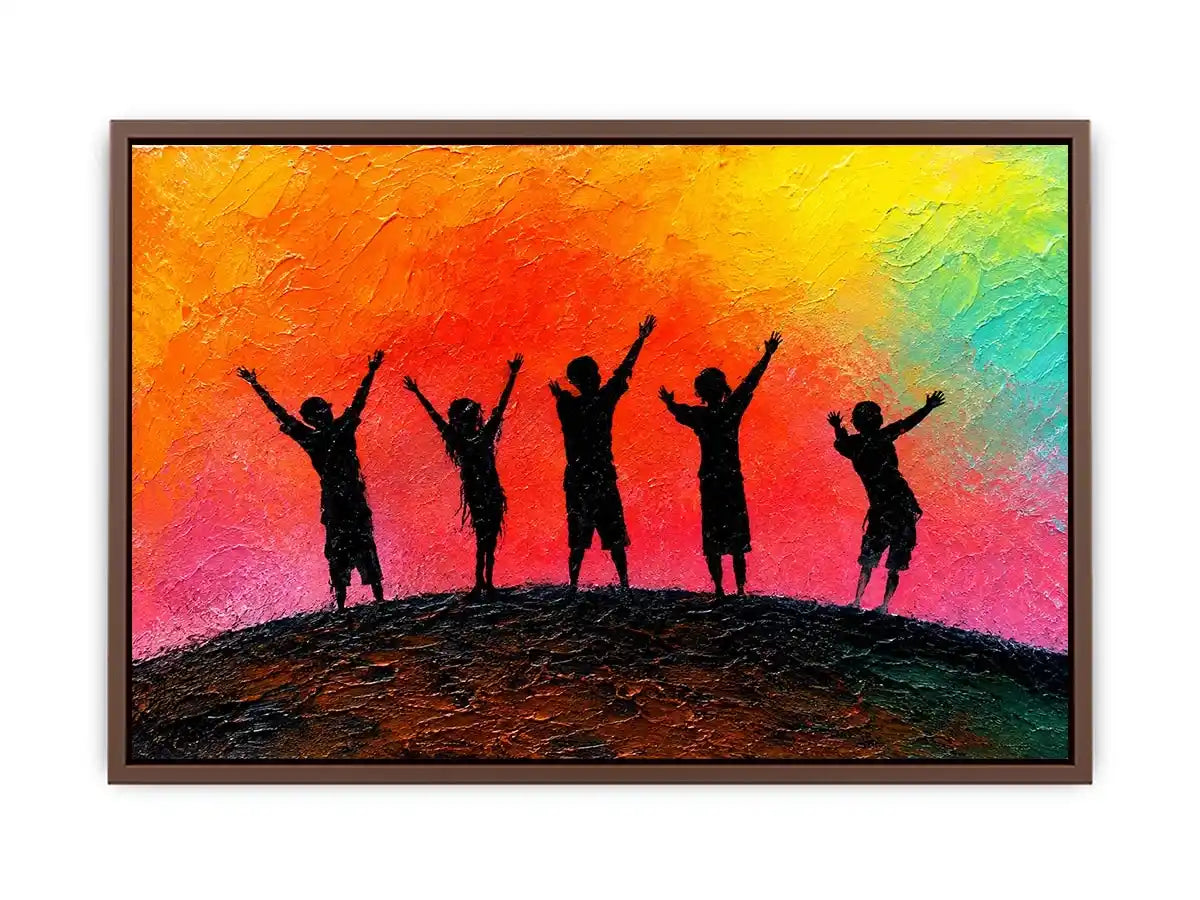 Colorful children silhouette canvas art with sunset sky for playful kids room decor.