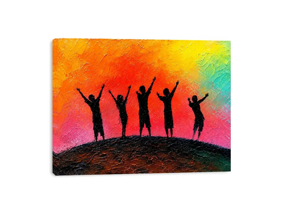 Colorful children silhouette canvas art with sunset sky for playful kids room decor.