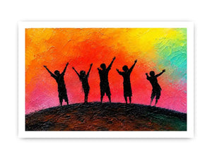 Colorful children silhouette canvas art with sunset sky for playful kids room decor.