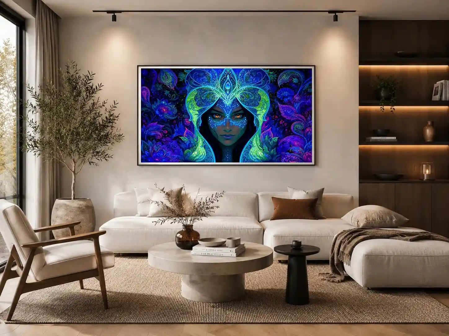 Mystical blue fantasy portrait canvas art for dramatic modern bedroom decor.