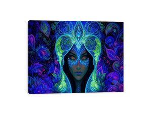 Mystical blue fantasy portrait canvas art for dramatic modern bedroom decor.