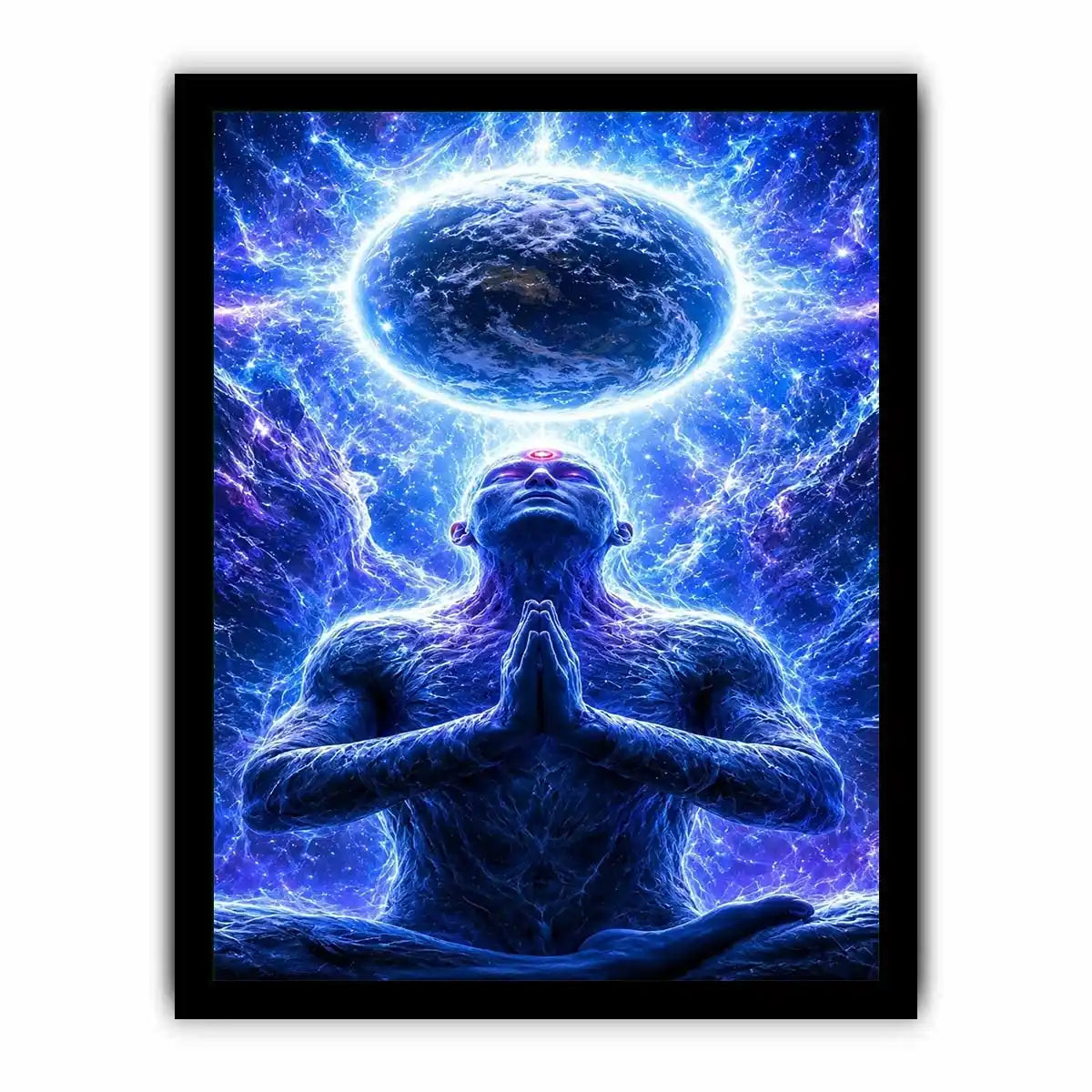 Blue cosmic meditation canvas art in surreal spiritual style for modern office decor.