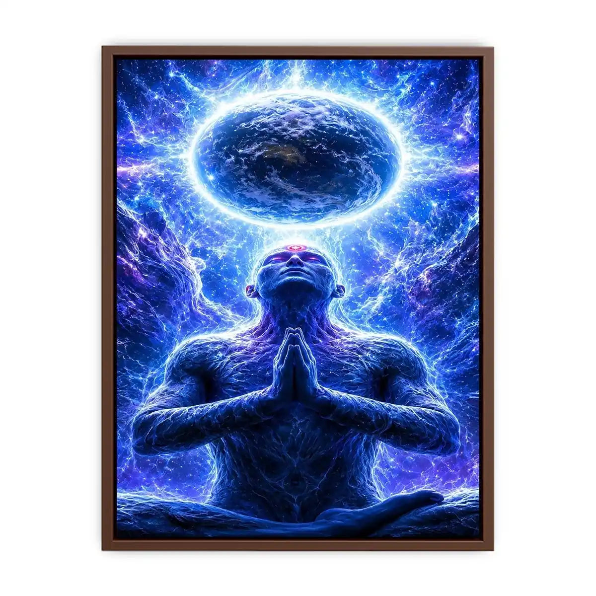 Blue cosmic meditation canvas art in surreal spiritual style for modern office decor.