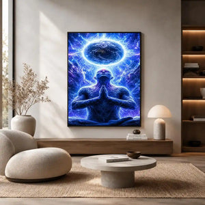 Blue cosmic meditation canvas art in surreal spiritual style for modern office decor.