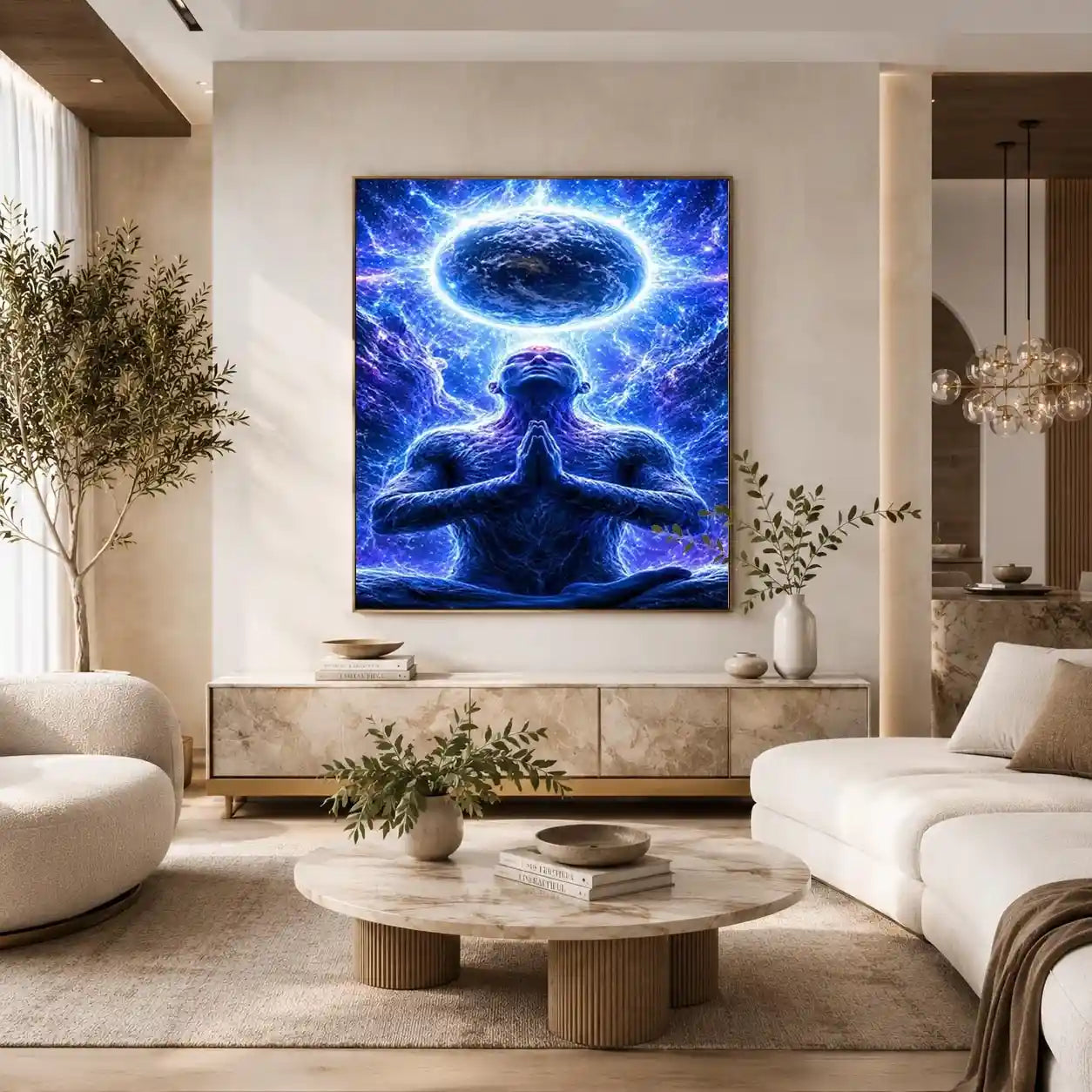 Blue cosmic meditation canvas art in surreal spiritual style for modern office decor.