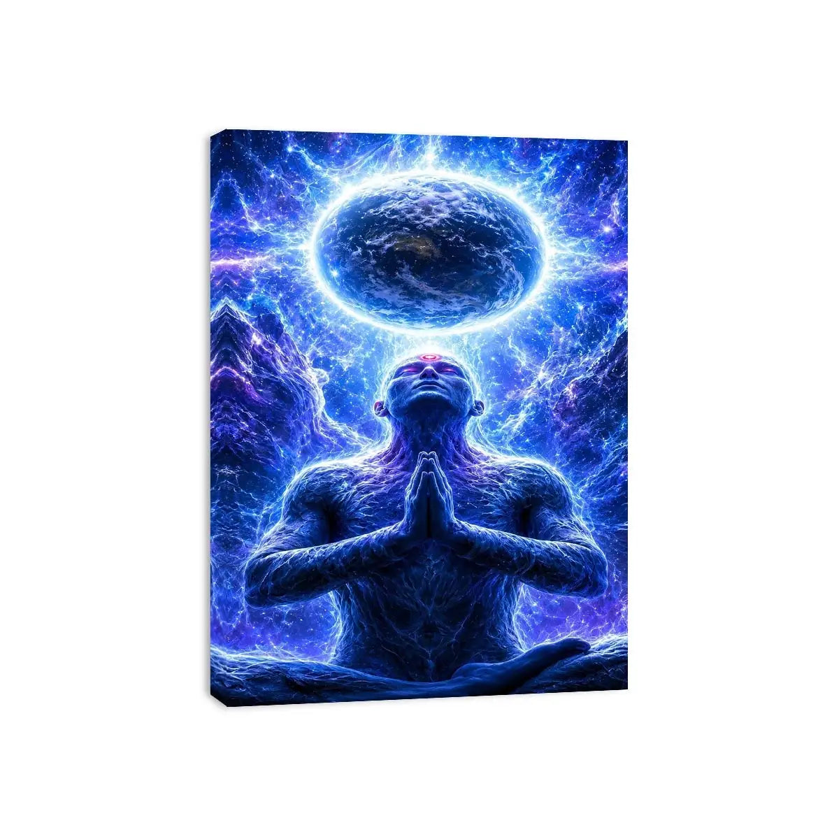 Blue cosmic meditation canvas art in surreal spiritual style for modern office decor.