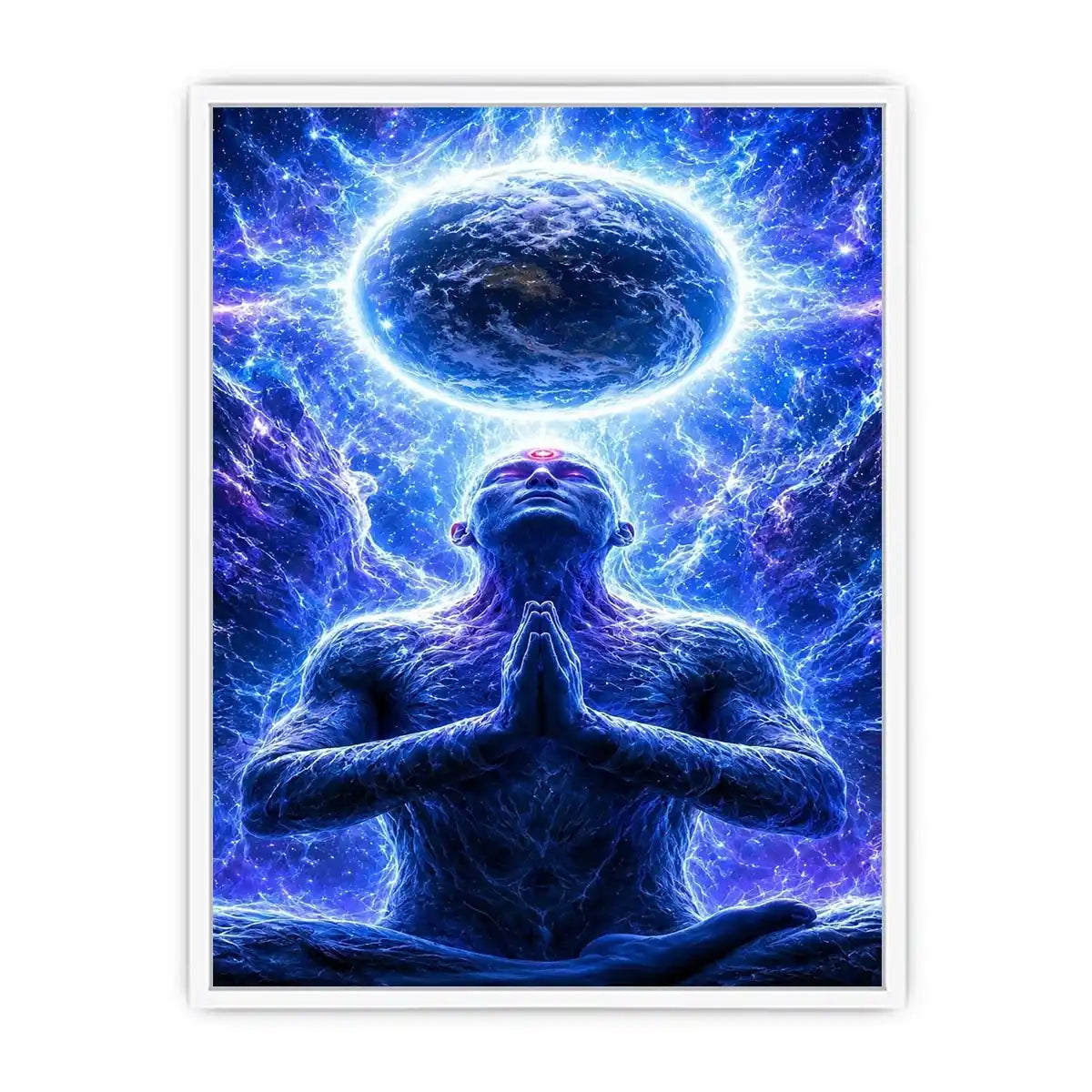 Blue cosmic meditation canvas art in surreal spiritual style for modern office decor.