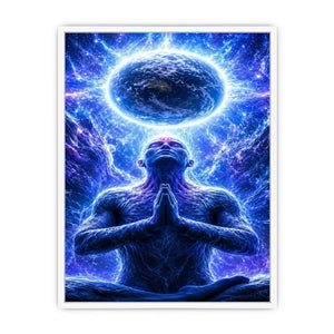 Blue cosmic meditation canvas art in surreal spiritual style for modern office decor.