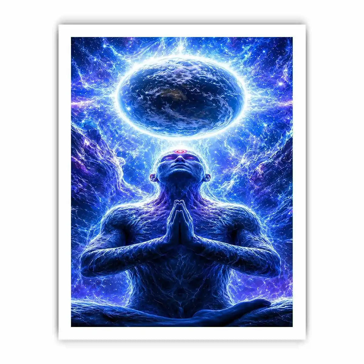Blue cosmic meditation canvas art in surreal spiritual style for modern office decor.