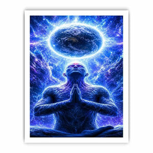 Blue cosmic meditation canvas art in surreal spiritual style for modern office decor.