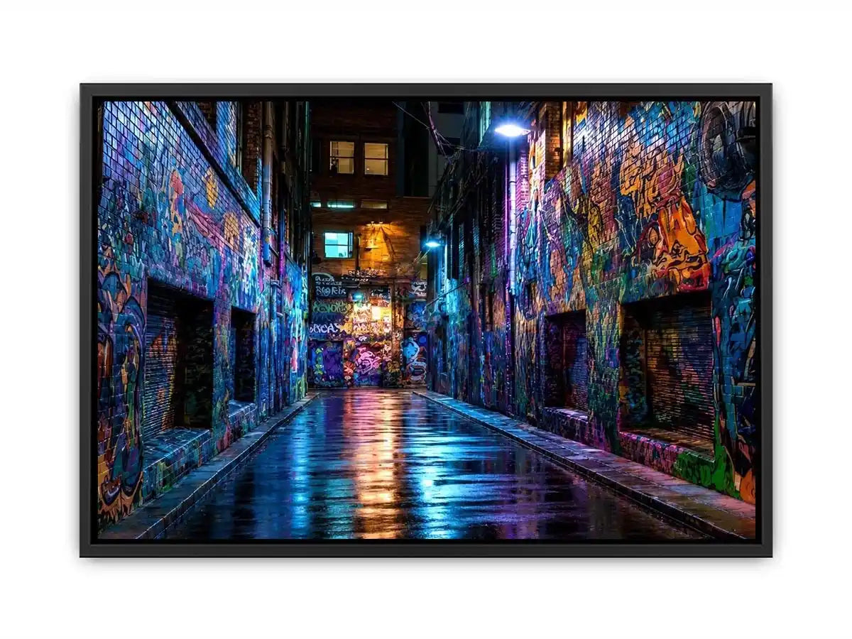 Neon graffiti alley wall art with urban night photography style for modern loft decor.