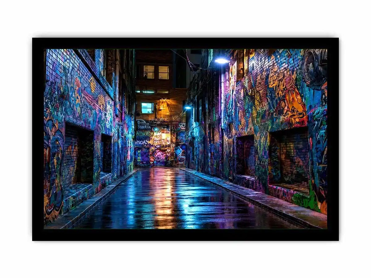 Neon graffiti alley wall art with urban night photography style for modern loft decor.