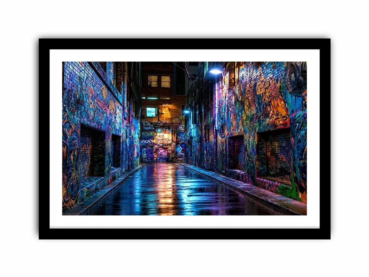 Neon graffiti alley wall art with urban night photography style for modern loft decor.