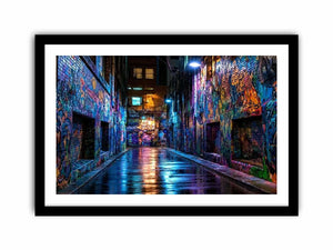 Neon graffiti alley wall art with urban night photography style for modern loft decor.