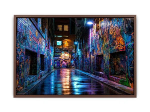 Neon graffiti alley wall art with urban night photography style for modern loft decor.