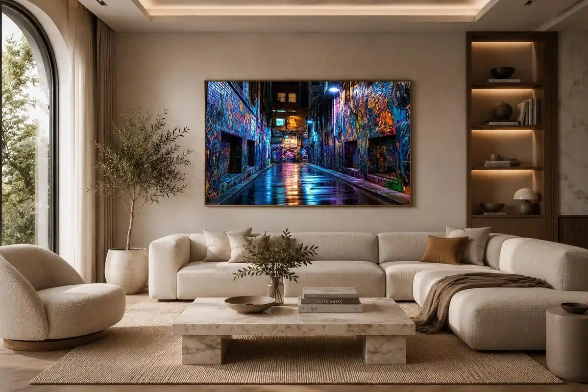 Neon graffiti alley wall art with urban night photography style for modern loft decor.