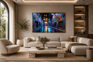 Neon graffiti alley wall art with urban night photography style for modern loft decor.