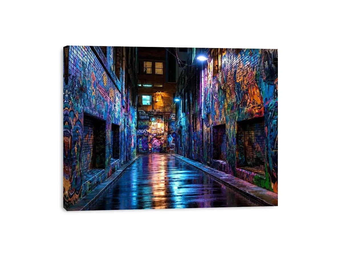 Neon graffiti alley wall art with urban night photography style for modern loft decor.