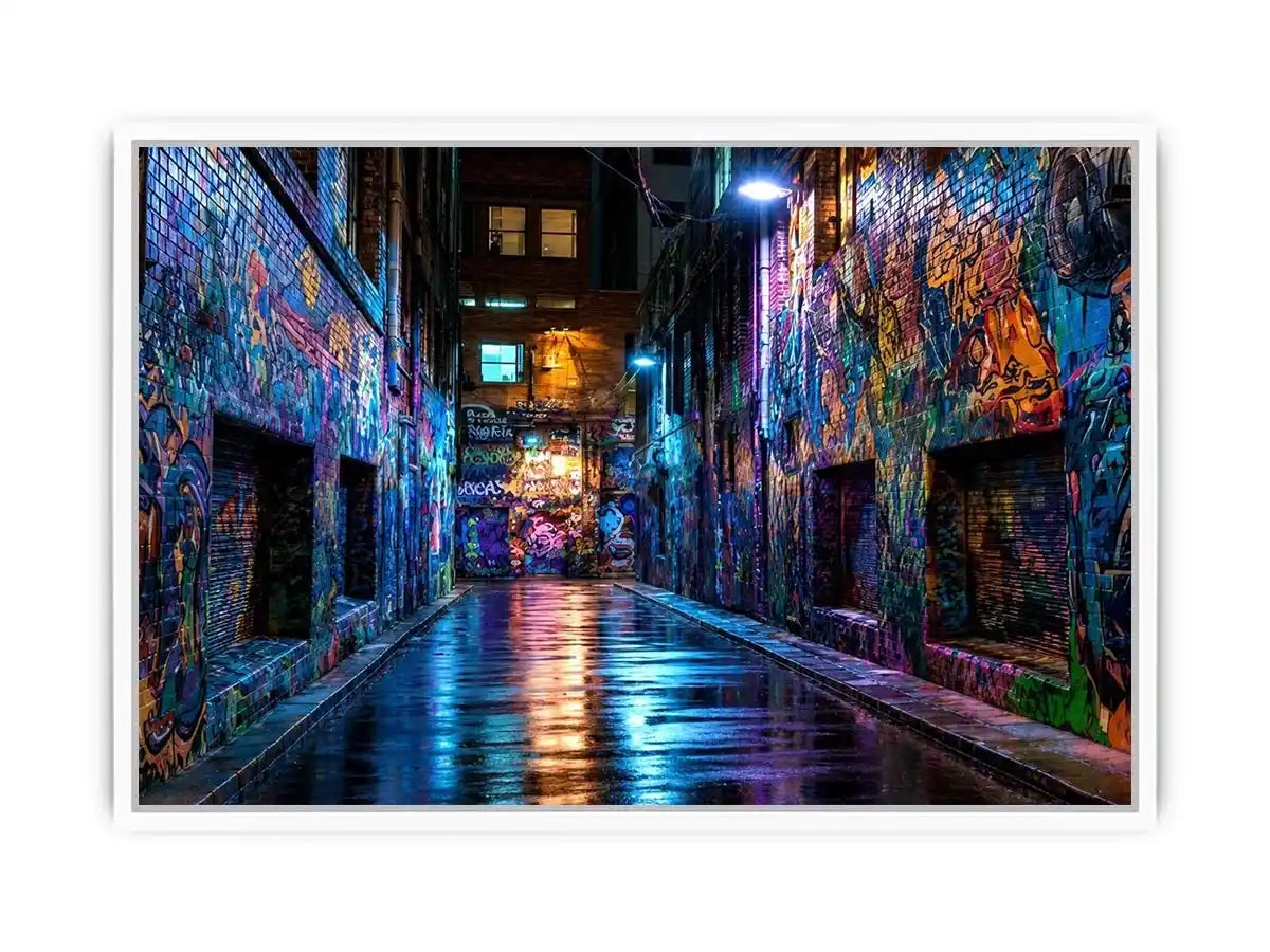 Neon graffiti alley wall art with urban night photography style for modern loft decor.