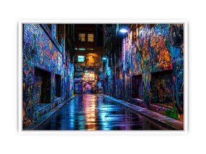 Neon graffiti alley wall art with urban night photography style for modern loft decor.