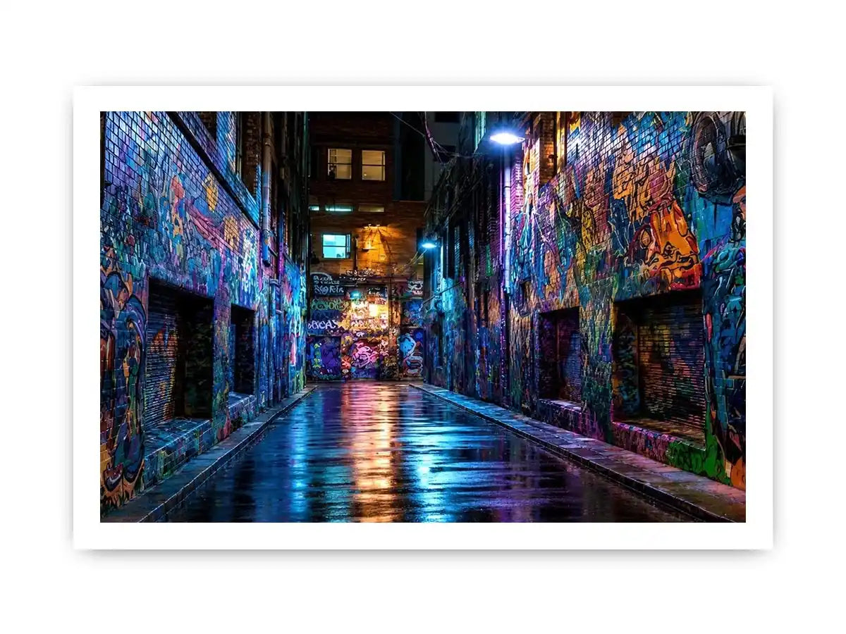 Neon graffiti alley wall art with urban night photography style for modern loft decor.