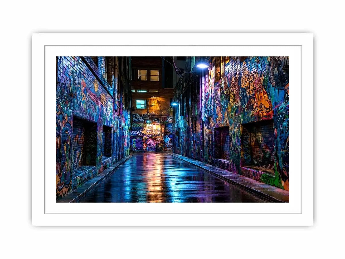 Neon graffiti alley wall art with urban night photography style for modern loft decor.