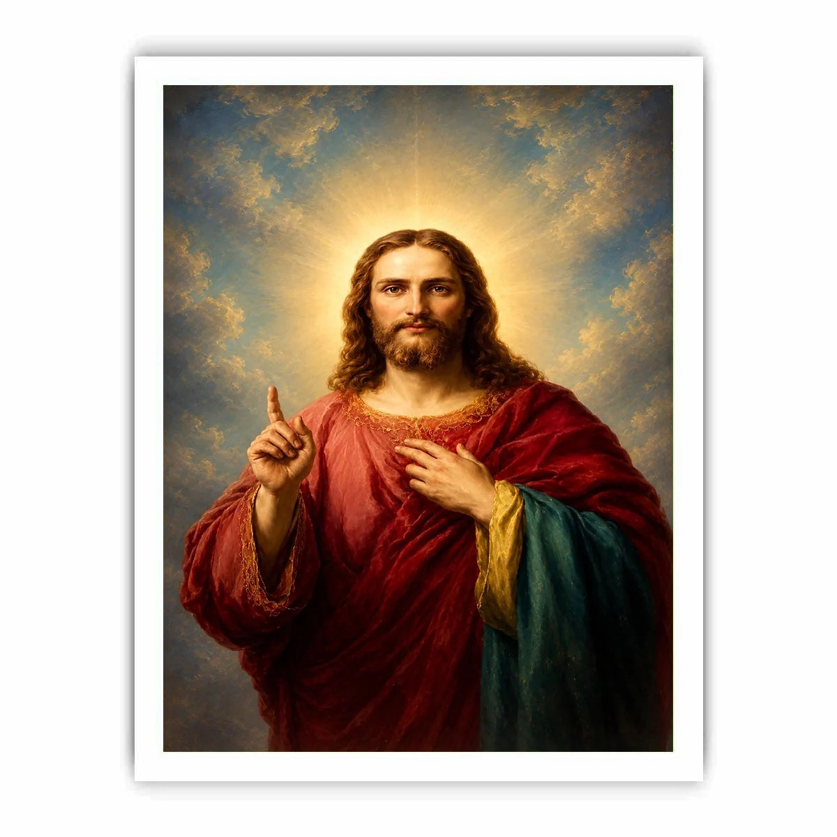 Classic Jesus portrait canvas art with sacred light for peaceful living room decor.